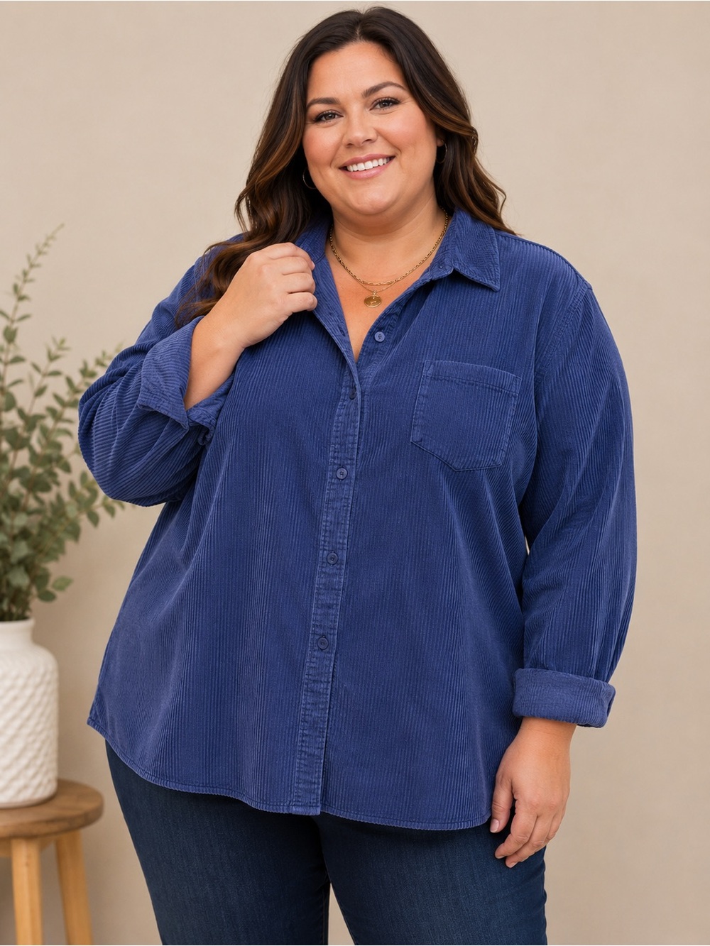 Vintage 100% cotton Curvy Corduroy Button-Down Shirt in Navy 4X